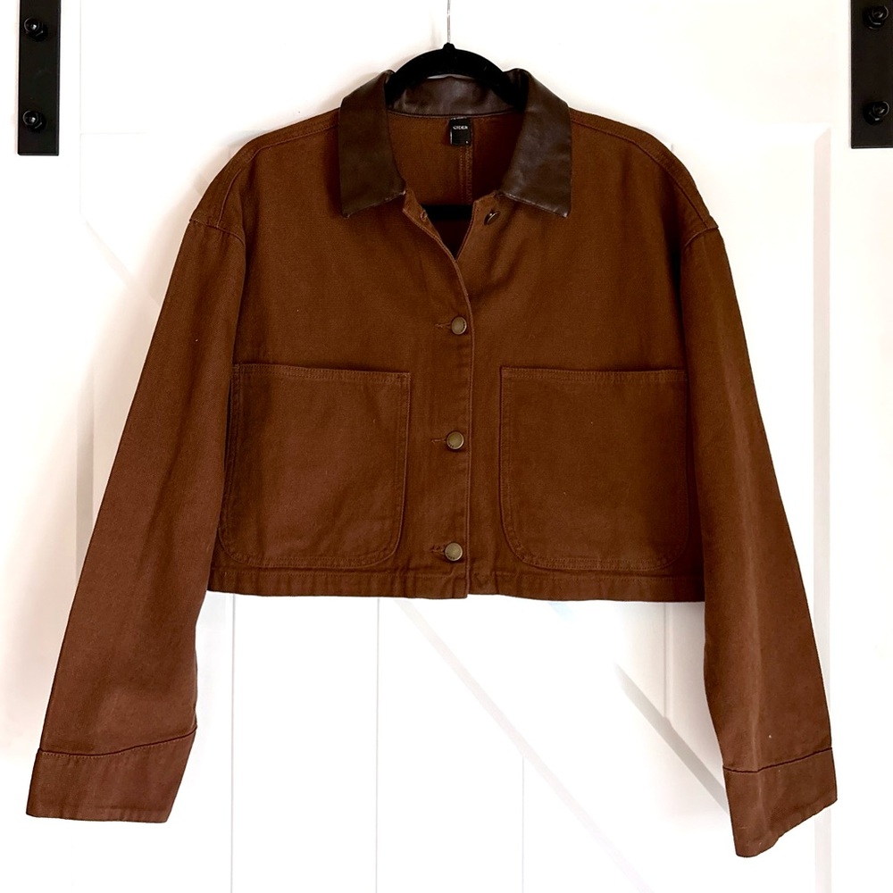 CIDER Brown Cropped Canvas Jacket Faux Leather Collar Utility Style Size L